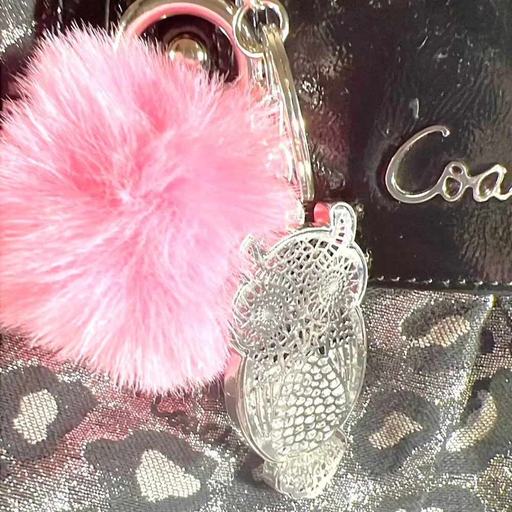 Owl with Pink Pom Pom Purse Charm and Keychain